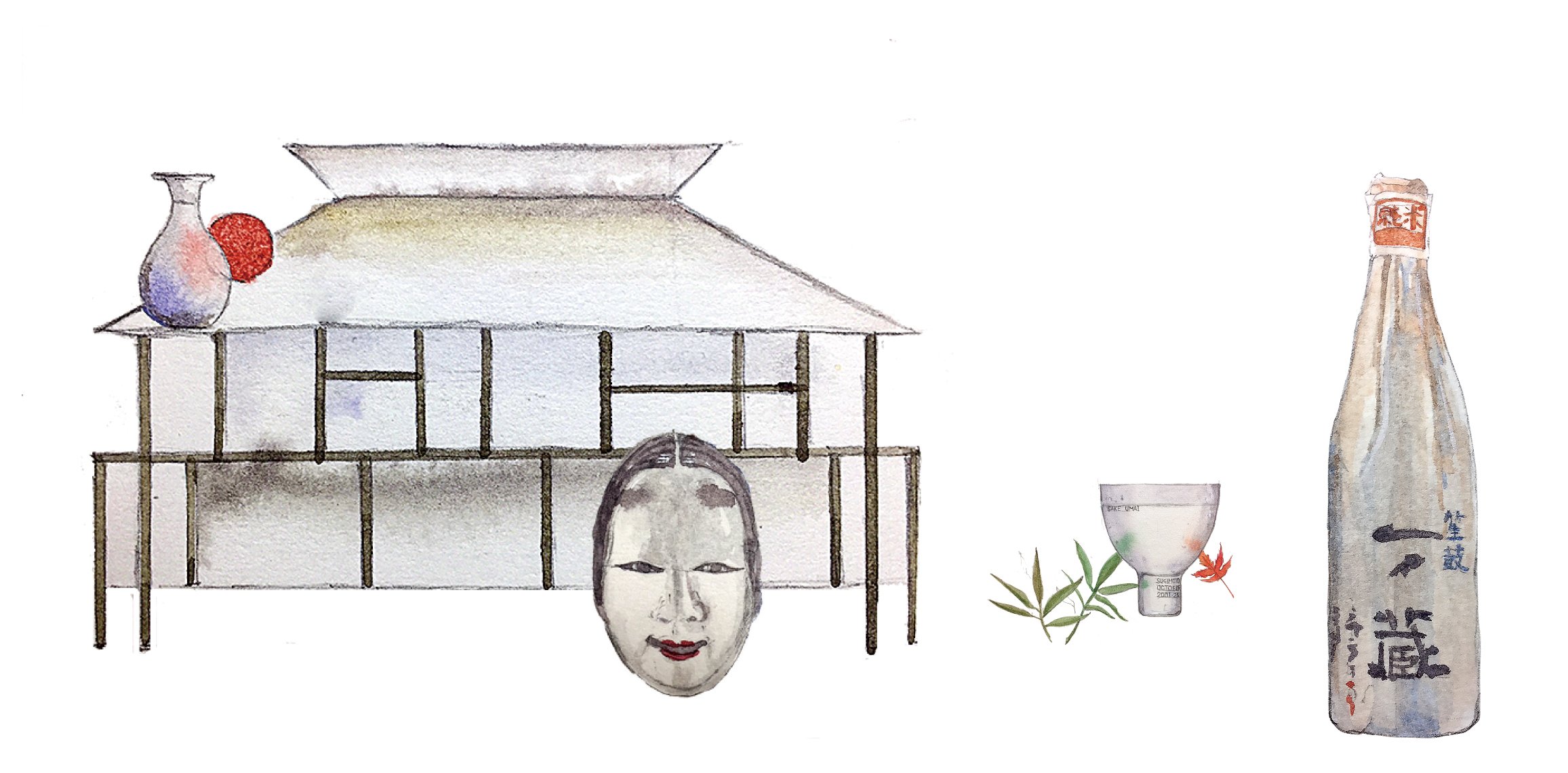 日本酒とすき屋建築を組み合わせた日本的な情緒を描いたイラストの制作