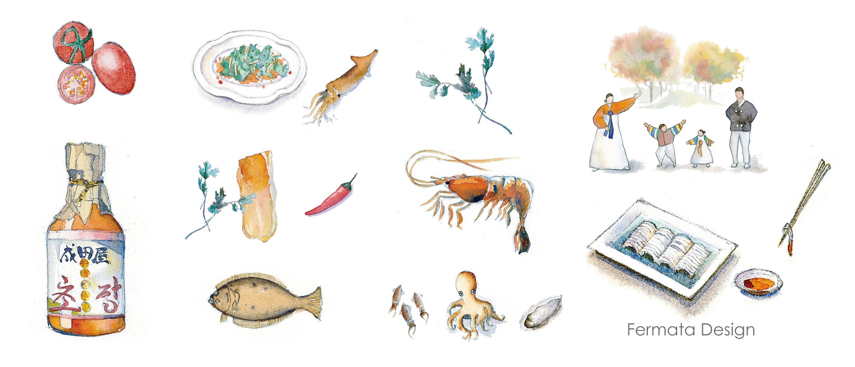 水彩絵の具で表現した食材のイラストレーション
